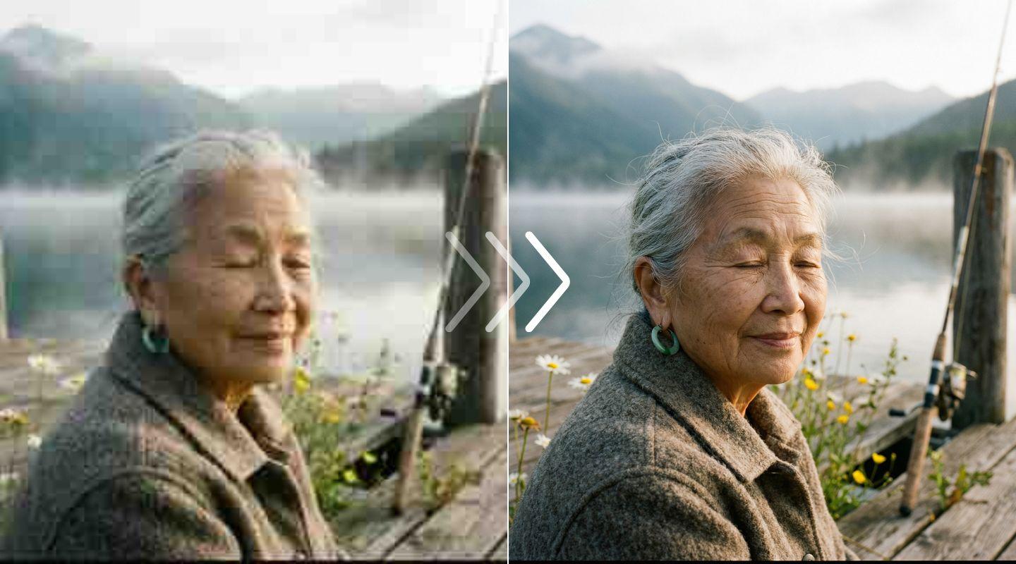 Split view comparison of a face showing AI recovery of skin texture and natural details