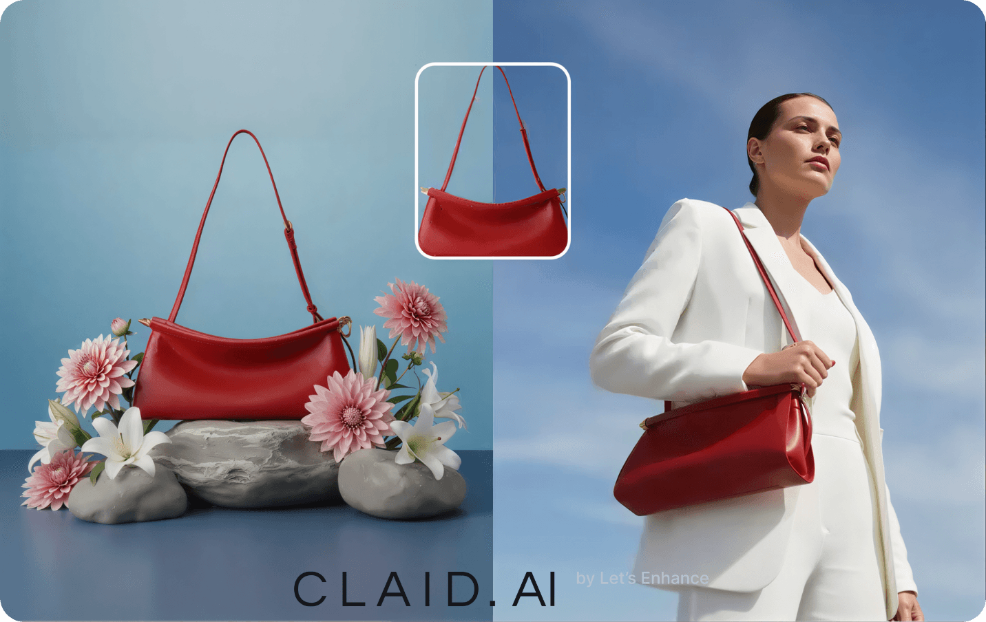Ecommerce photography composition showing AI product photo generation and enhancement by Claid.ai